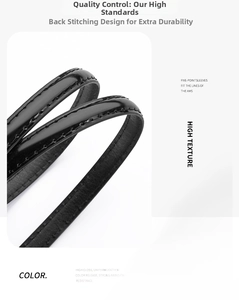 Macro detail of high-gloss black leather belt showing reinforced stitching and texture