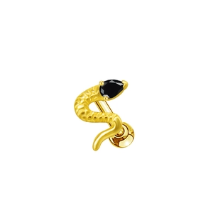 Macro shot of gold snake-shaped ear stud featuring a black teardrop zircon stone inlay