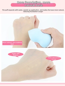 Detail showing dry vs wet heart-shaped beauty sponge and its foundation blending effect