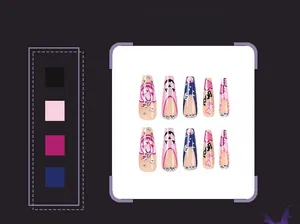 Detail of Halloween press-on nails featuring pink pumpkins, black ghosts, and crystals