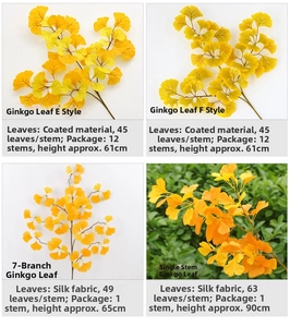 Detail of yellow artificial ginkgo branches with high-quality glue coated leaves