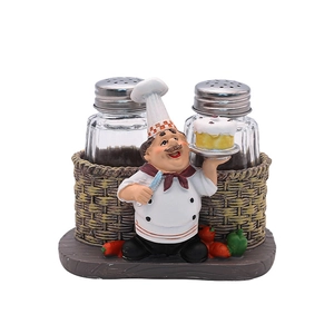 Creative chef resin figurine holder with two glass salt and pepper shakers for kitchen decor