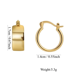 Polished gold plated brass hoop earrings with size measurements of 1.7cm by 1.4cm
