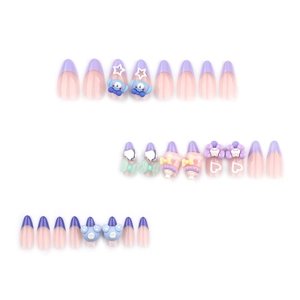 3 sets of cartoon elephant and bear press-on nails with 3D bows and stars charms