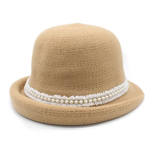 Khaki knit cloche hat with white lace trim and elegant pearl beads for women