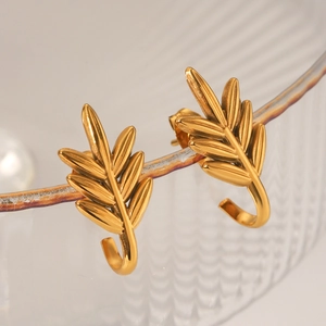18K gold plated stainless steel wheat ear stud earrings with leaf texture design