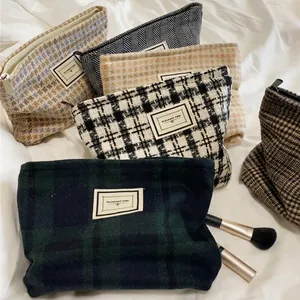 Tweed Plaid Cosmetic Bag Large Capacity Makeup Organizer Travel Toiletry Storage Bag Fashion Zipper Clutch For Women