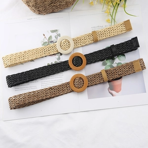 Women Woven Belt Retro Bohemian Style Round Wooden Buckle Waist Band For Dresses Casual Summer Vacation Accessories