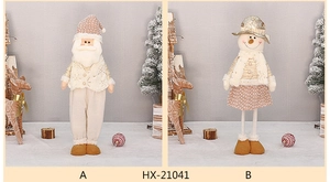 Detail of 80cm telescopic Santa and Snowman plush dolls in champagne gold and beige tones