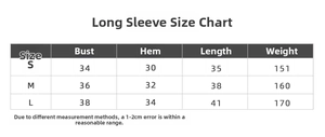 Detailed size guide for long sleeve seamless yoga top with chest and length measurements