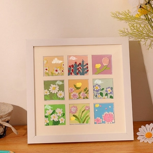 3D embossed oil painting frame with 9-grid floral art in modern minimalist white style