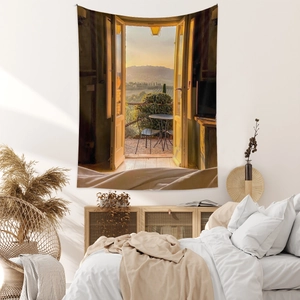 Detail showing a Mediterranean landscape wall tapestry in a cozy bedroom setting
