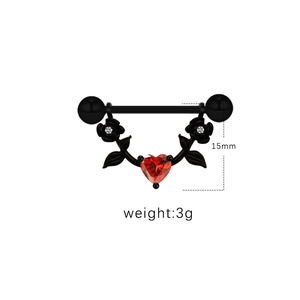 Detail of black rose nipple ring with red heart zircon, 15mm height and 3g weight