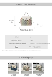 Detail showing dimensions and camellia buckle on denim backpacks for women