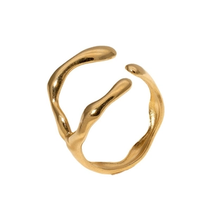 Irregular organic shaped gold-plated stainless steel open ring with artistic fluid design