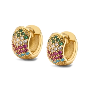 Close-up of gold-plated huggie earrings with colorful pave-set zirconia stones