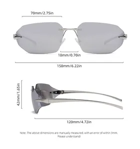 Size chart showing lens width 70mm and temple length 120mm for rimless sunglasses