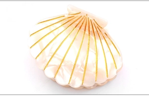 Macro detail of shell-shaped acetate hair claw with elegant golden radial lines