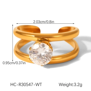 Detailed dimensions of gold double-layer open ring with a large round white zircon stone