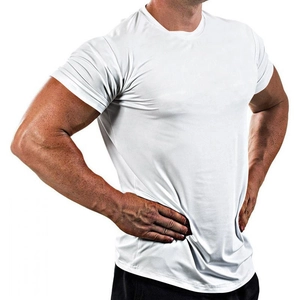 Detail of white men's athletic t-shirt showing breathable fabric and side muscle fit