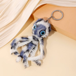 Porte-clés poulpe en peluche à rayures bleues et blanches avec anneau en métal chic