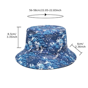 Reversible bucket hat featuring Japanese wave and crane patterns in deep blue cotton