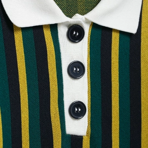 Women's striped polo knit top featuring yellow and green vertical stripes and white collar