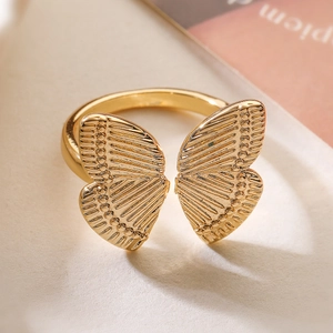Minimalist 18K gold plated copper butterfly open ring with textured wings for women