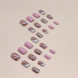 Sweet pink and white striped press-on nails set with glitter in short square shape