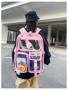 Vista posteriore di uno zaino rosa trasparente impermeabile con tasche multiple