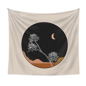 Bohemian moon and mountain wall tapestry with starry night and floral design in cream fabric