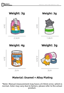 Detailed view of four colorful enamel cat and medicine jar pins with size dimensions