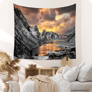Bohemian wall tapestry featuring snow mountain lake sunset for home room decor