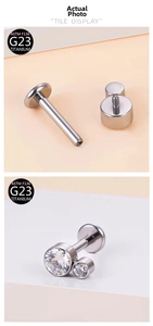 Detail of G23 titanium labret stud with internal thread and sparkling cubic zirconia stones