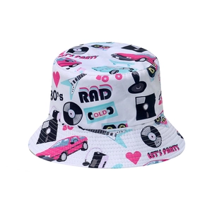 Retro 80s 90s disco graffiti bucket hat in white cotton with vintage record prints