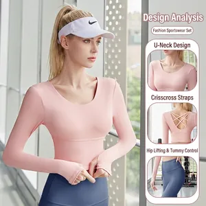 Damen High Intensity Yoga Top Langarm Rückenfrei Überkreuzter Rücken Fitness Gym Shirt Einfarbig Schnelltrocknend Sportbekleidung