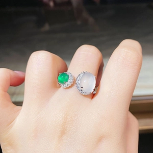 Close-up of S925 silver ring featuring green and purple chalcedony stones and micro-diamonds