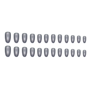 Oval grey-blue press-on nails with silver glitter French tips, 24 pieces set
