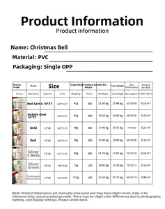 Detailed technical chart showing specifications and sizes of diverse Christmas bell ornaments