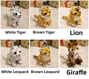 Detailed plush keychain collection featuring cute tiger, lion, leopard and deer designs
