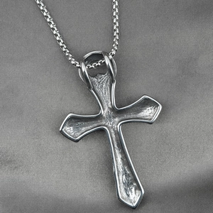 Men's bold silver cross pendant necklace with textured pattern on Venetian box chain