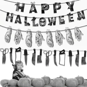 Halloween Decoration Banner Bloody Tools And Hands Paper Pull Flag Horror Haunted House Party Prop Decorative