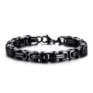 Detailed view of heavy industrial black titanium steel Byzantine king chain bracelet for men
