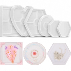 DIY geometric silicone mold set including hexagon round square and heart shapes for resin