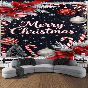 Detail of Christmas wall tapestry featuring festive red bows and stripes in a modern living room