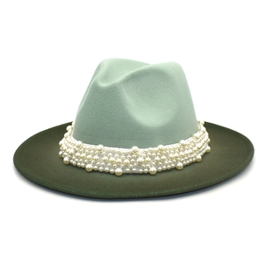 Two-tone green wool felt fedora hat featuring elegant multi-layer pearl embellishments