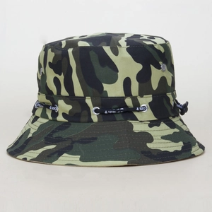Outdoor camouflage bucket hat with adjustable chin strap and breathable metal eyelets