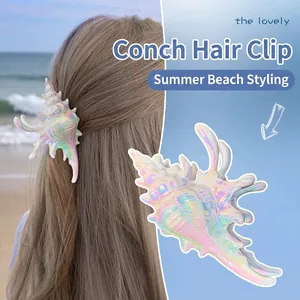 Large Conch Shell Hair Claw Acrylic Iridescent Pearlescent Hair Clip Beach Vacation Chic Accessory For Women