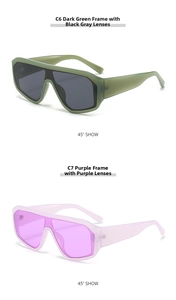 Close-up of oversized shield sunglasses in matte dark green and purple translucent frames