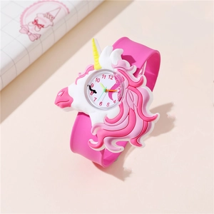 Pink silicone slap watch for kids featuring a 3D unicorn head design and easy-to-read dial